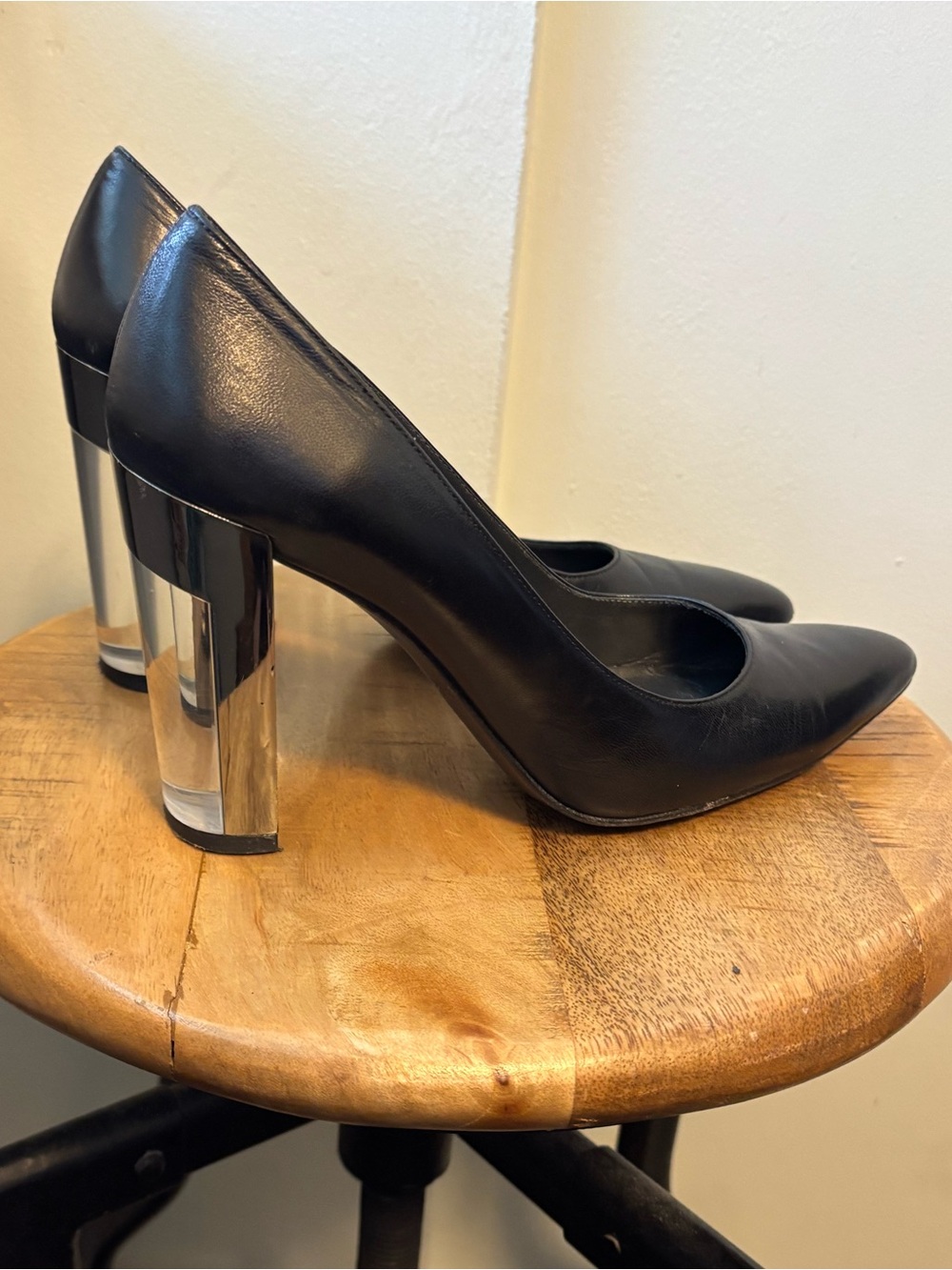 Stuart Weitzman Black Pointed Pumps with Clear Silver-Tone Block Heel